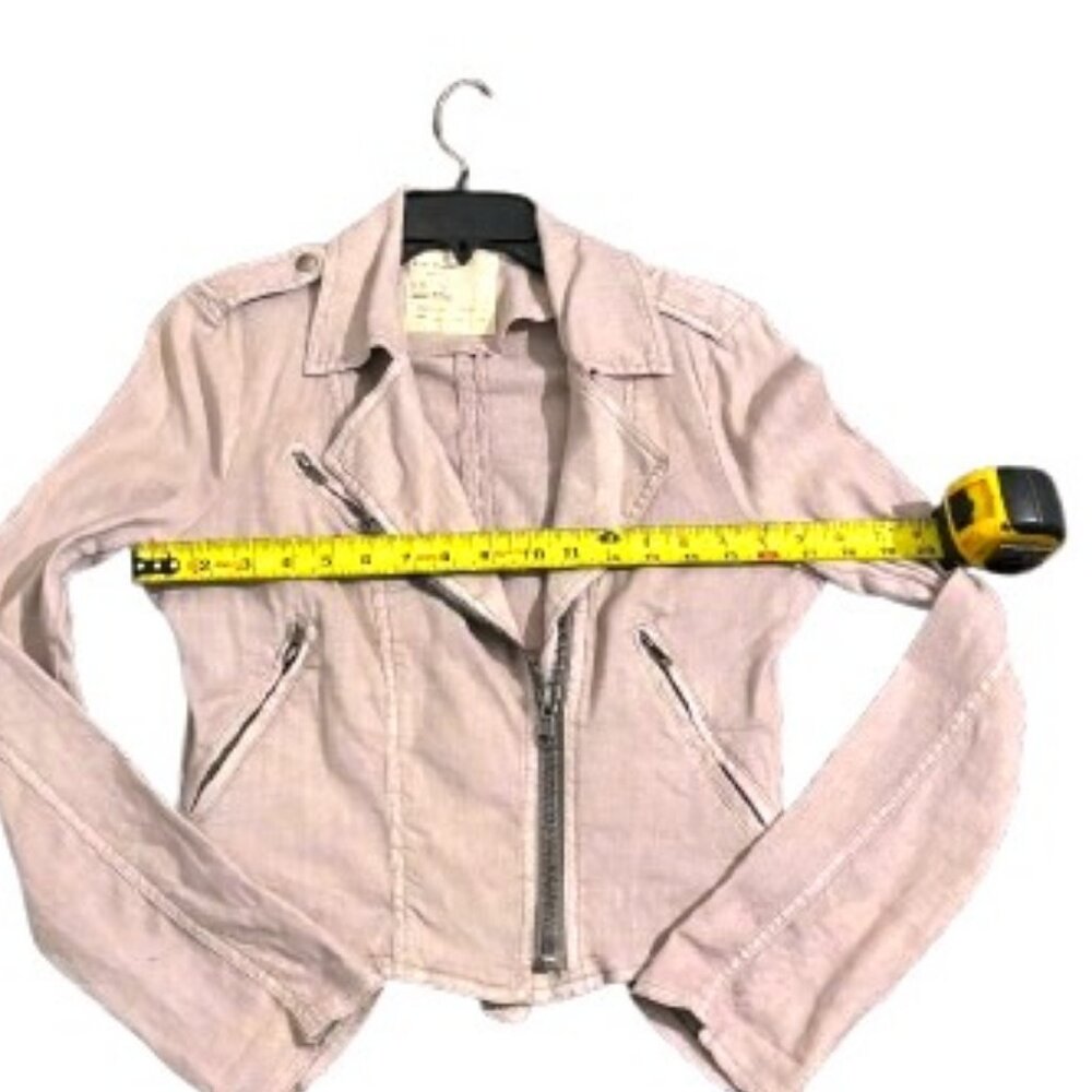FREE PEOPLE Linen Neutral Blush Pink Cropped Moto Jacket SZ 4 - Picture 8 of 10